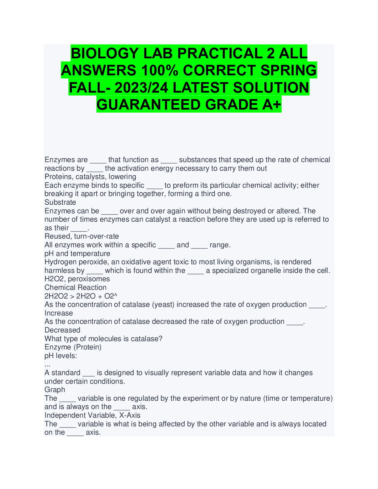 Preview image for BIOLOGY LAB PRACTICAL 2 ALL ANSWERS 100% CORRECT SPRING FALL- 2023/24 LATEST SOLUTION GUARANTEED GRADE A+